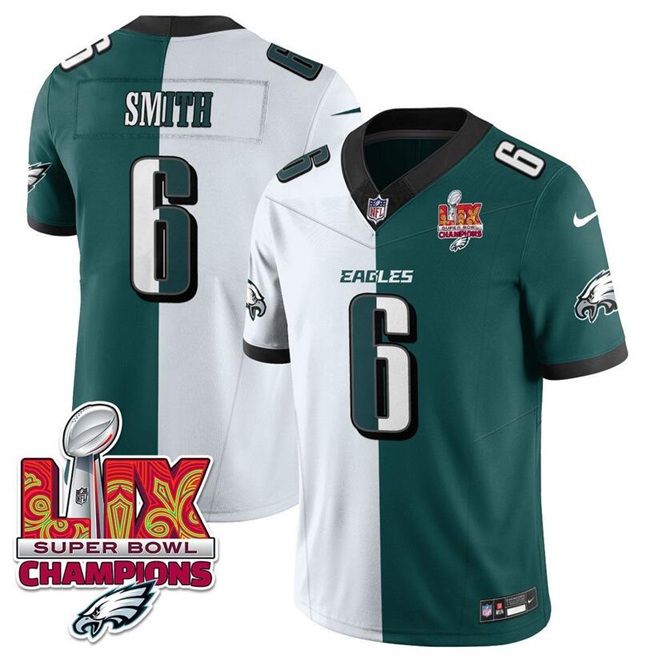 Men's Philadelphia Eagles #6 DeVonta Smith White/Green Split 2025 Super Bowl LIX Champions Patch F.U.S.E. Vapor Untouchable Limited Stitched Football Jersey Men's Philadelphia Eagles #6 DeVonta Smith White/Green Split 2025 Super Bowl LIX Champions Patch F.U.S.E. Vapor Untouchable Limited Stitched Football Jersey